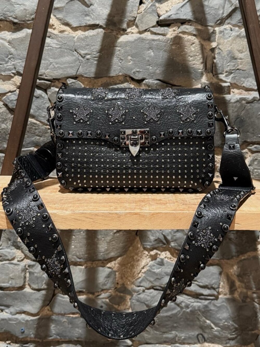 Valentino Black Star Crystal Rolling Rockstud Crossbody Bag